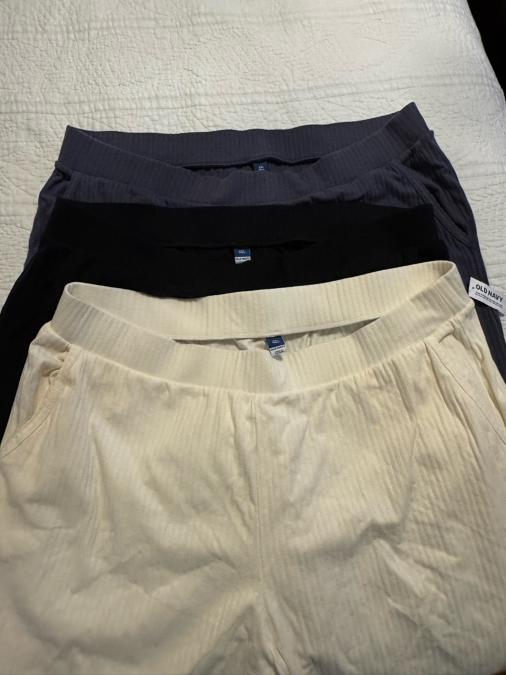 3 Pair Old Navy Ribbed Pull-On Pants Set in Cream, Black & Navy
